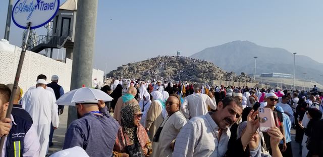 Amity travelers among the crowd below Jabal al-Rahmah at Arafat